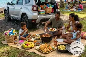 Pique-nique en famille avec la voiture de location à la réunion